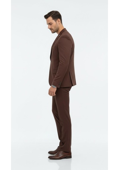 Erkek Slim Fit Mikro Dokulu Takım Elbise Çift Düğmeli Modern Kesim Kahverengi