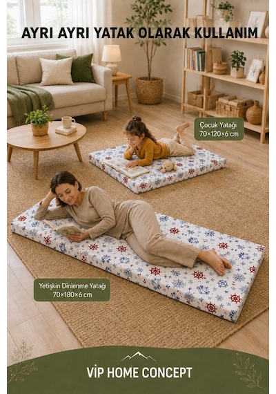 2'li Katlanabilir Çocuk Oyun Minderi Ve Yer Yatağı Seti 70x180 + 70x120 CM 6 CM - Marin