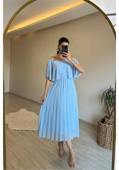 Neşeli Butik Kadın Omzu Açık Piliseli Midi Şifon Elbise Nm006 Bebe Mavisi