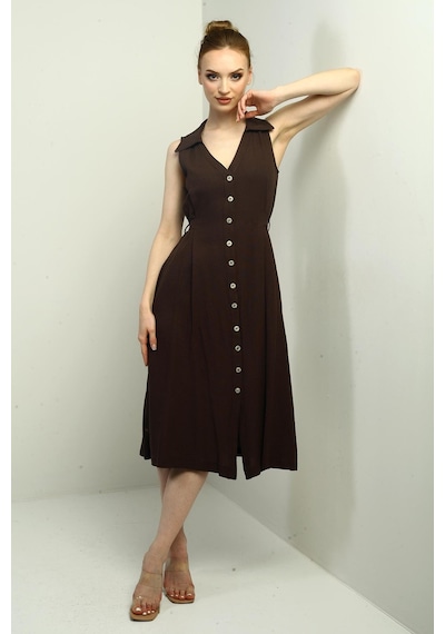 By Saygı Kadın Polo Yaka Ön Pile Düğme Detaylı Midi Keten Elbise-40634 Kahve