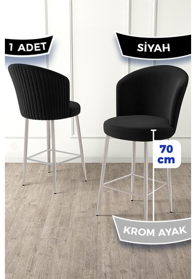 Canisa Fora Serisi Ada Mutfak Bar Sandalyesi Krom Kaplama Metal Ayaklı Babyface Kumaşlı 1 Siyah Sandalye Sandalye Siyah Ayaklar Krom
