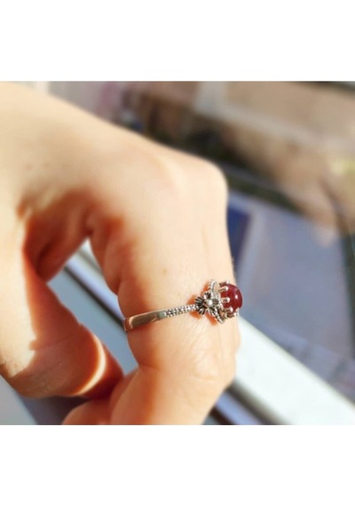 Oriental Kuyumculuk Jewellery Papatya Desenli Akik Taşlı Gümüş Yüzük Gümüş