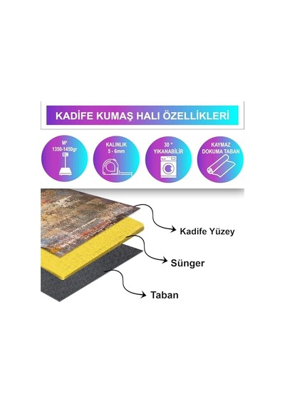 Lola Desenli Kadife Pamuk Tabanlı Yıkanabilen Kaydırmaz Antibakteriyel Salon Halısı 200x250 Çok Renkli