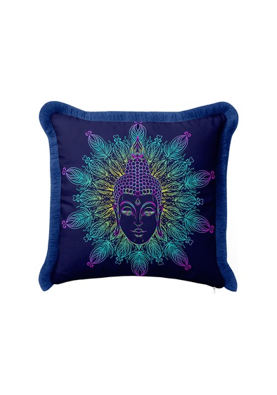 Mandala Buddha Portre Saçaklı Yastık Kılıfı - Spiritüel Bohem Mavi Sarı Püsküllü Kırlent Kılıfı Deniz Vizon
