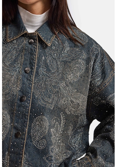Kadın Kot Rengi T-10w6-8 Oversize Parlak Taş Ve Desen Özel Tasarım Denim Ceket