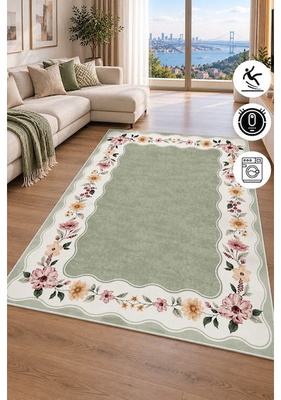 Floral Çerçeve Desenli Baskılı Kaymaz Yıkanabilir Salon Oturma Odası Mutfak Balkon Halısı Yolluk Yeşil