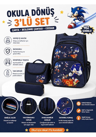 Sonic Desenli Lacivert 3 Lü Erkek Çocuk İlkokul Okul Çantası + Termal Beslenme Çantası + Kalemlik