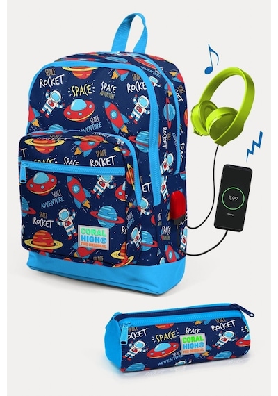 Coral High Kids Lacivert Mavi Uzay Desenli Usb'li 2'li Okul Çanta Seti - Erkek Çocuk
