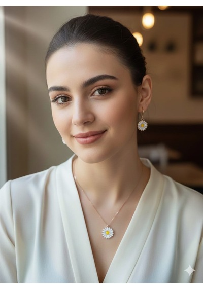 925 Ayar Papatya Silver Yılbaşı Özel Tasarım Papatya Kolye Küpe Set.rose.gold.rodaj Gümüş