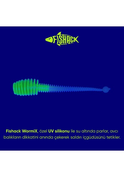 Silikon Kurt Yem - 2,1g 70mm - Fishack Wormix - 10 Adet - Uv - Yeşil/beyaz