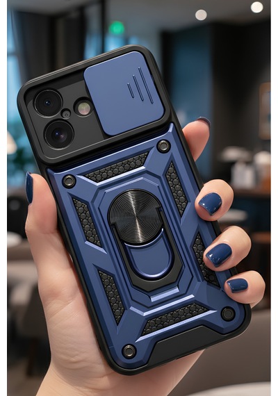 Apple Uyumlu iPhone 17 Kılıf Sürgülü Kamera Korumalı Yüzüklü Stand Olabilen Magnetic Tpu Tank Kapak