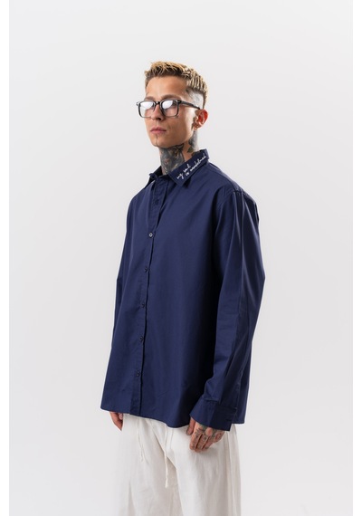 Respire Erkek Nakış Detaylı Poplin Oversize Gömlek Lacivert