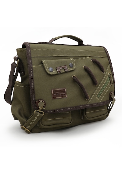 Cappadocia Vintage 4017 Haki 14" Laptop Kanvas Postacı Okul Çantası Unisex Kilitli Çok Cepli Omuz Askılı Haki