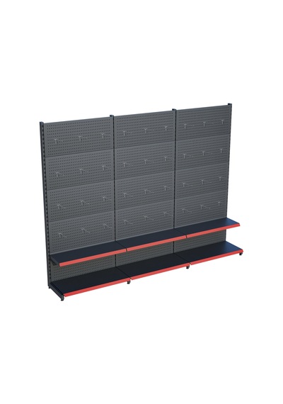 Antrasit Metal Delikli 3'lü Birleşik 2 Katlı Market Raf Sistemi Hırdavat Rafı G270cm Yükseklik H220 Cm Kırmızı