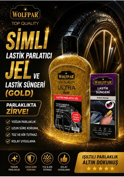Simli Lastik Parlatıcı Jel Ve Lastik Süngeri Gold