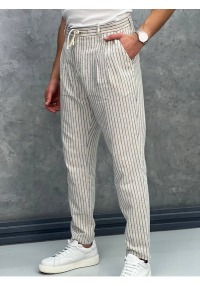 Modefendi Linen Kumaş Çizgi Detaylı Pantolon Yeşil