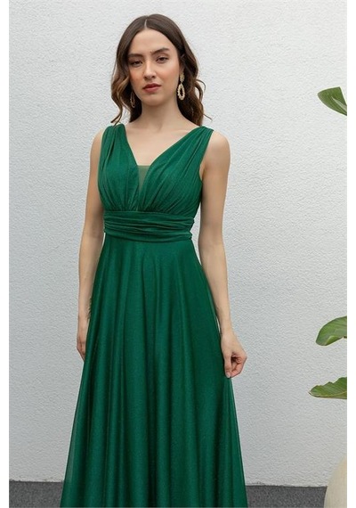 Neşeli Butik Kadın Zümrüt Drapeli Tül Abiye Elbise Nb2030 Yeşil