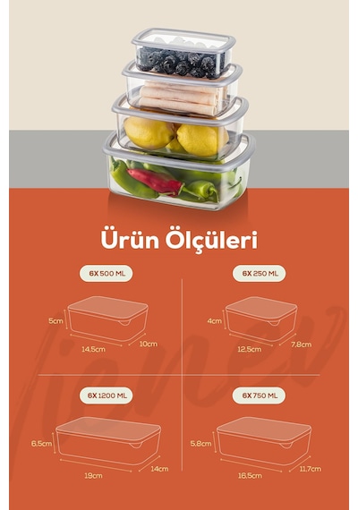 Vienve Hava Geçirmez Saklama Kabı Seti Antrasit 24'lü 6 x 250 - 500 - 750 - 1200 ML