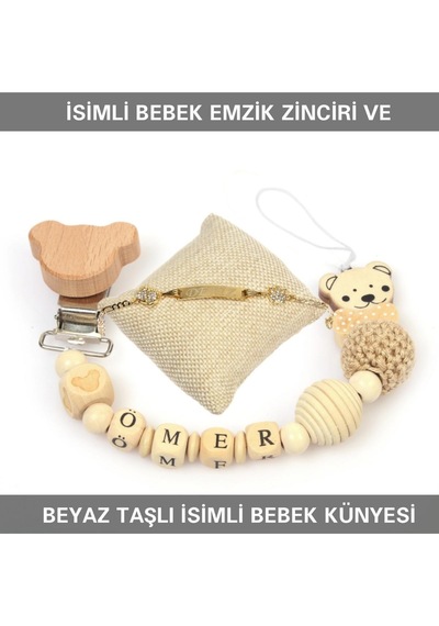 Sahi Aksesuar İsimli Bebek Emzik Zinciri ve Beyaz Taşlı Bebek Künyesi Beyaz