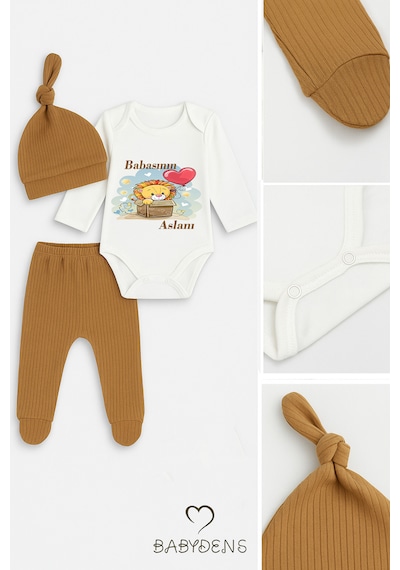 Babyden's Babasının Aslanı Baskılı 3 Lü Bebek Takımı Uzun Kol Çıtçıtlı Zıbın, Pantolon, Bere %100 Pamuk Açık Kahverengi