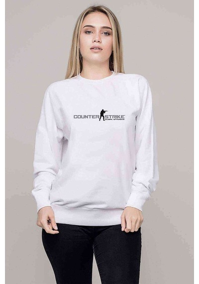 Counter Strike Logo Baskılı Beyaz Kadın Sweatshirt