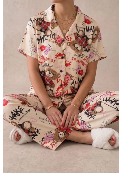 Northcity Ekru Ayıcık Desenli Kısa Kollu Gömlek Yaka Milan Kumaş Kadın Pijama Takımı
