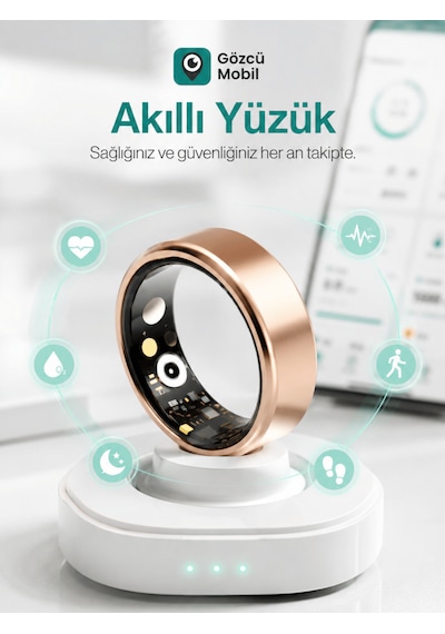 Gözcü Mobil Akıllı Yüzük Sağlık Egzersiz Takibi Adım Sayar Kalp Atışı Kan Basınç Oksijen Ölçer Su Takibi Adet Döngüsü Uyku Takibi Cihazı Suya Dayanıklı Altın Rengi