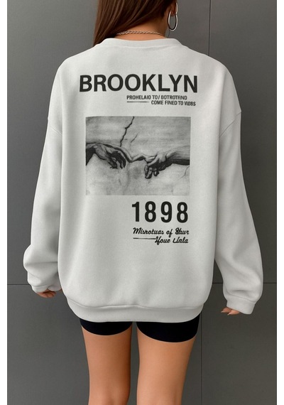 Benroma 3 İplik Penye Brooklyn Baskılı Unisex Sweatshırt Gri
