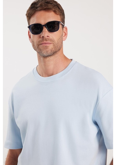 Tudors Unisex Oversize Geniş Kesim %100 Pamuk Yumuşak Dokulu Basic Bisiklet Yaka Mavi Tişört-35184 Mavi