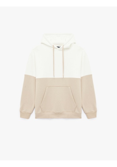 Koton Kapşonlu Renk Bloklu Pamuklu Şardonlu Oversize Kanguru Cepli Hoodie Bej 6wam70033mk Ekru