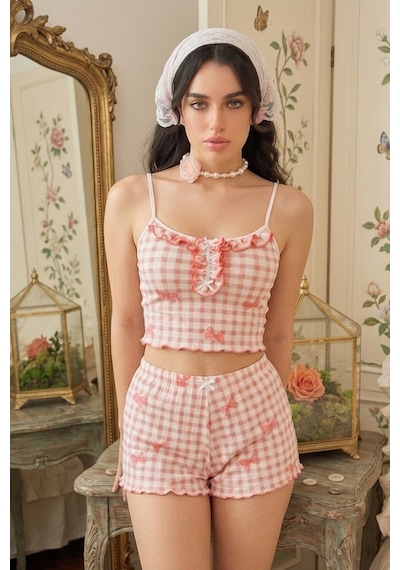 Bella Notte Kadın Pembe Ekose Fiyonk Desenli Askılı Crop Atlet Ve Fırfırlı Şort Pijama Takımı