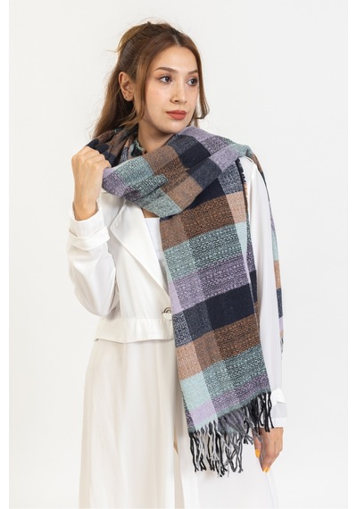 Ladycolor Ekoseli Yünlü Omuz Şalı - 70x200 Cm - Dayanıklı Akrilik Kahve
