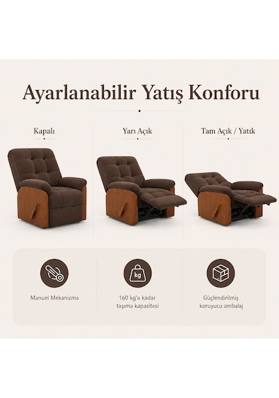 Smarto Relax Ticino Manuel Mekanizmalı Ayak Uzatmalı Ahşap Yan Panelli Polyester Tv Koltuğu Baba Koltuğu Kahverengi