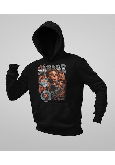 Sevbano 21 Savage Rapper Baskılı Unisex Oversize Hoodie Siyah