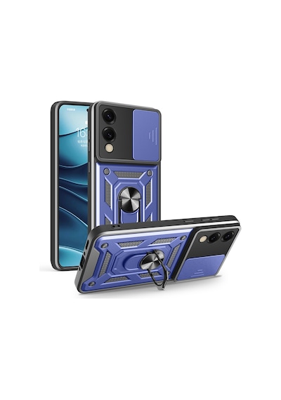 Zore Galaxy Uyumlu S25 Edge Kılıf Magnetik Standlı Kamera Korumalı Ata Sürgülü Vega Kapak - Mavi