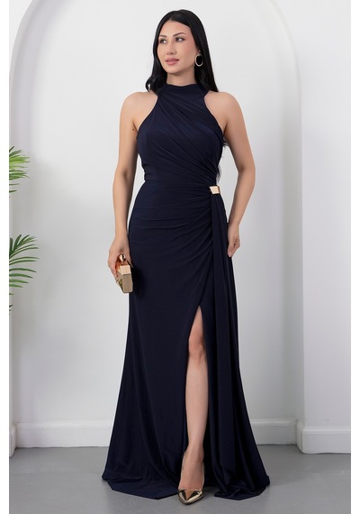 Kalopya Halter Yaka Drapeli Tokalı Abiye Elbise Ecr5862 Lacivert