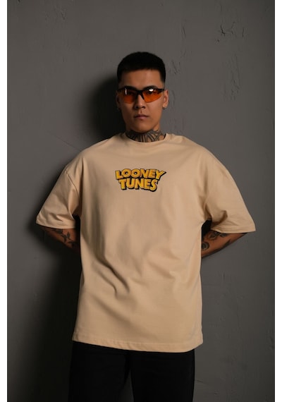 Noıssey Kod:ızeı - Unisex Oversize Looney Tunes Baskılı Pamuklu T-shirt P--1003 Bej
