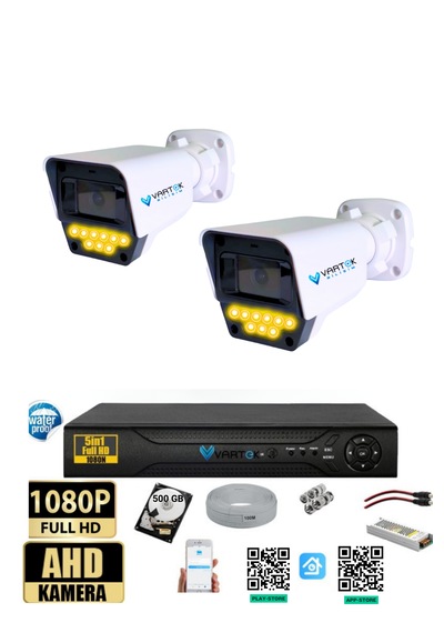 2 Kameralı AHD Full HD 9 LED 5MP Kamera Seti - 500GB HDD Dahil Gece (Renkli) Görüş