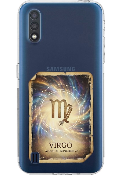 Samsung Galaxy A01 İle Uyumlu Burç Kartları Başak Tasarımlı Şeffaf Silikon Kılıf Şeffaf