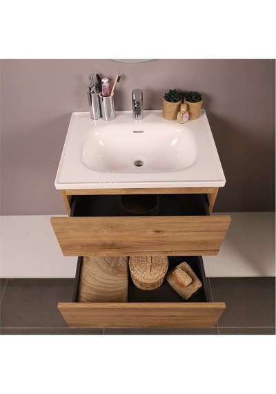 Kobos Simple 60 Cm Çekmeceli Banyo Dolabı Seti Light Walnut Ahşap Kobos Simple 60 Cm Çekmeceli Banyo Dolabı Seti Light Walnut Ahşap