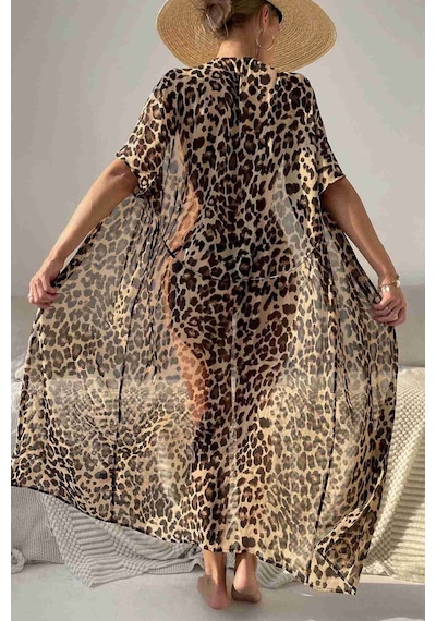Angelsin Şifon Uzun Önden Bağlamalı Leopar Plaj Elbisesi Pareo Kimono Çok Renkli 001
