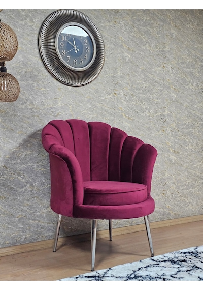 Zafir Tekli İstiridye Krom Kaplama Sivriltme Ayak Çay Seti Koltuk Tekli Berjer , Balkon, Salon, Ofis Bordo