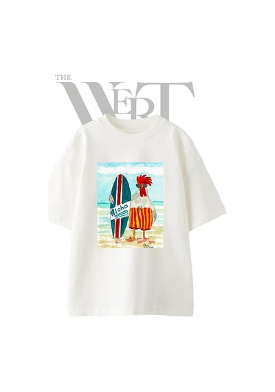 Thewert Sorfcü Horoz Tasarım Baskılı Ünisex Beyaz Oversize T-shirt