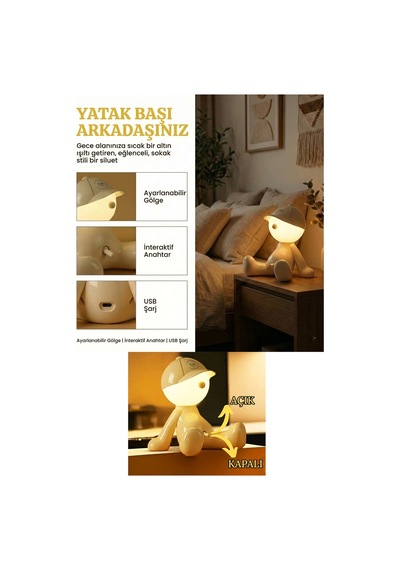 Street-style Şapkalı Çocuk Lamba - Şarjlı Taşınabilir Dekoratif Gece Lambası Sarı 8381888