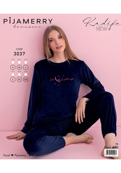 Pijamerry Kadın Kışlık Bisiklet Yaka Kadife Pijama Takımı 3037l - 1 Adet Lacivert