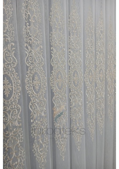 Şehrazat Altın Gold Motif İşlemeli 3 Kat Pileli Ütü İstemez Salon Tül Perde