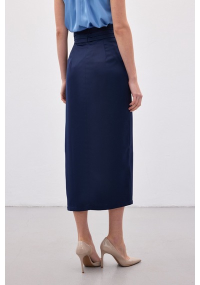 Sateen Bel Pile Detaylı Saten Etek - Lacivert-136551 Lacivert