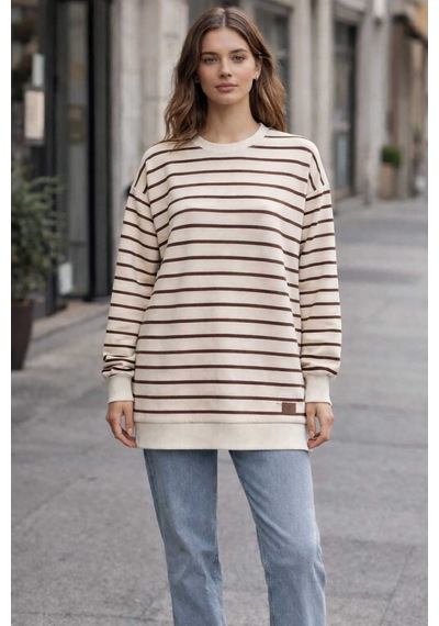 Tenra Oversize Geniş Kalıp Kadın Sweatshirt Bisiklet Yaka Basic Çizgili Kahverengi