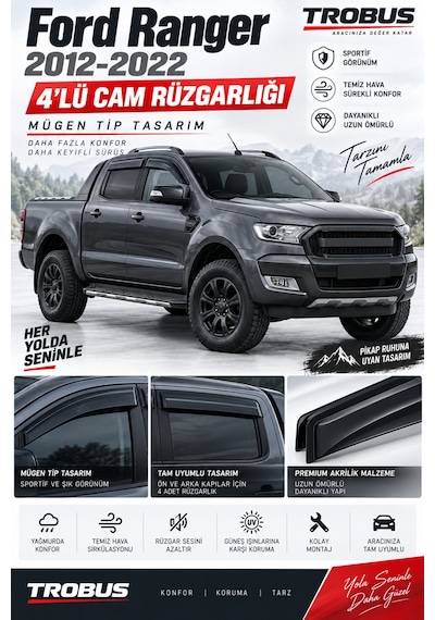 Ford Ranger Wildtrak Limited 2012-2022 Tam Uyumlu Cam Rüzgarlığı 4'lü