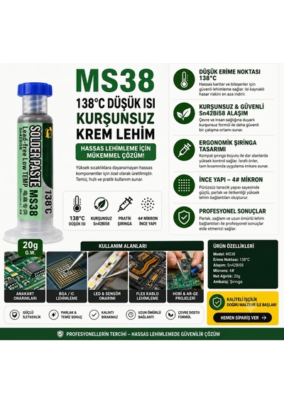 Ms38 138 C Düşük Isı Kurşunsuz Şırınga Krem Lehim 20g Sn42bi58 - 7.5 Cm